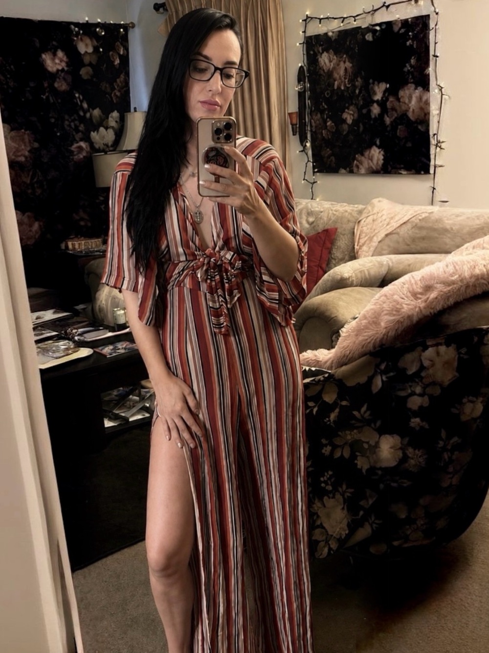 SHEIN Striped Tie-Front Wide Leg Jumpsuit Size Medium